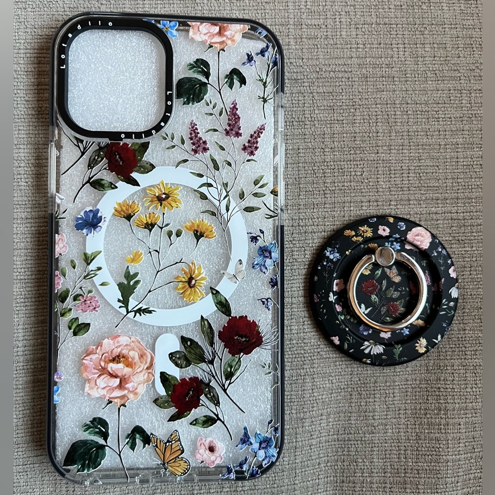 Floral iPhone 12 Pro Max phone case with matching magnetic phone grip/stand. NEW
